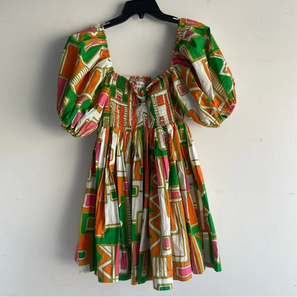 S/W/F SWF Puff Sleeve Babydoll Dress green white orange 22345 - Picture 2 of 8
